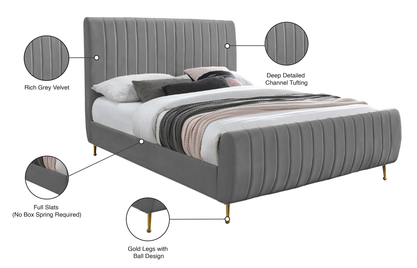 arc grey velvet full bed (3 boxes) f