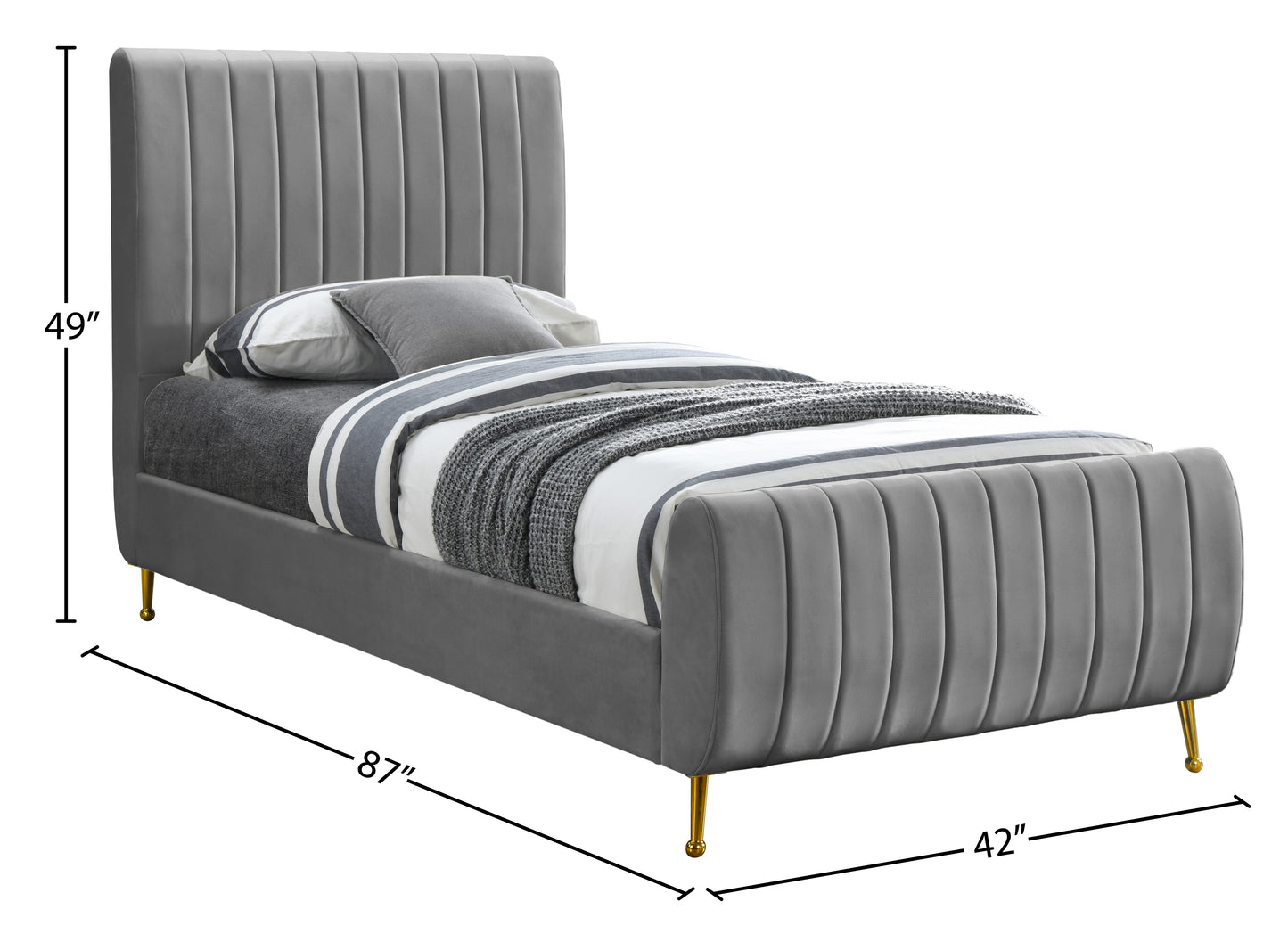 arc grey velvet twin bed (3 boxes) t