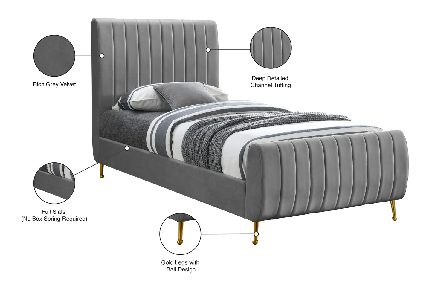 arc grey velvet twin bed (3 boxes) t