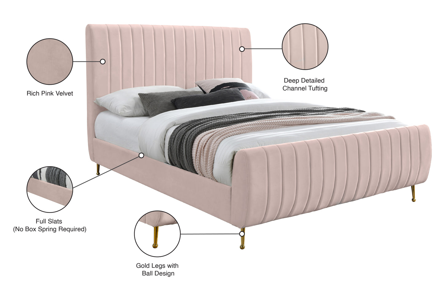 arc pink velvet queen bed (3 boxes) q