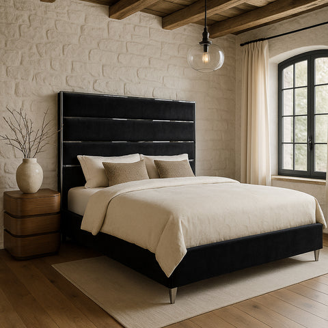 Estelle Black Velvet Upholstered King Bed, 1 Piece (Style 2)