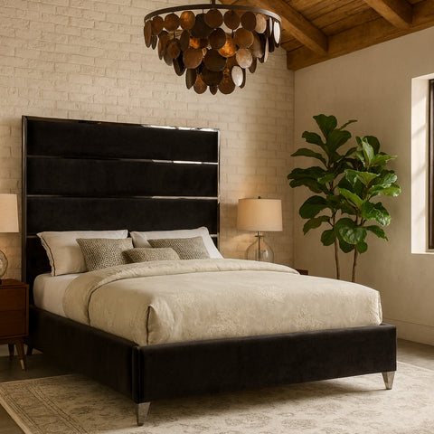 Estelle Black Velvet Upholstered Queen Bed, 1 Piece (Style 2)