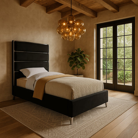 Estelle Black Velvet Upholstered Twin Bed, 1 Piece (Style 2)