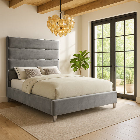 Estelle Grey Velvet Upholstered Full Bed, 1 Piece (Style 2)