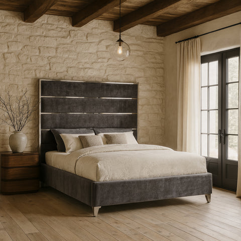 Estelle Grey Velvet Upholstered King Bed, 1 Piece (Style 2)