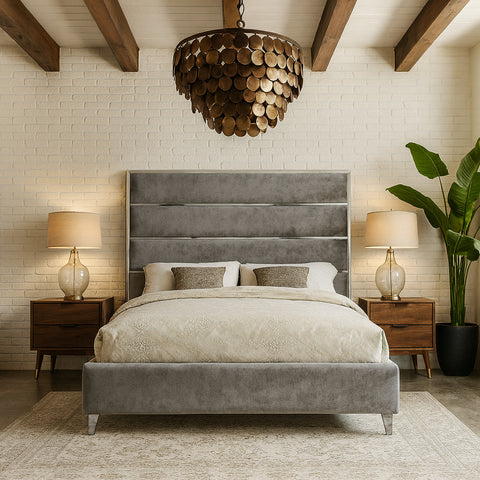 Estelle Grey Velvet Upholstered Queen Bed, 1 Piece (Style 2)