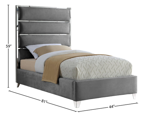 Estelle Grey Velvet Upholstered Twin Bed, 1 Piece (Style 2)