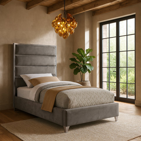 Estelle Grey Velvet Upholstered Twin Bed, 1 Piece (Style 2)