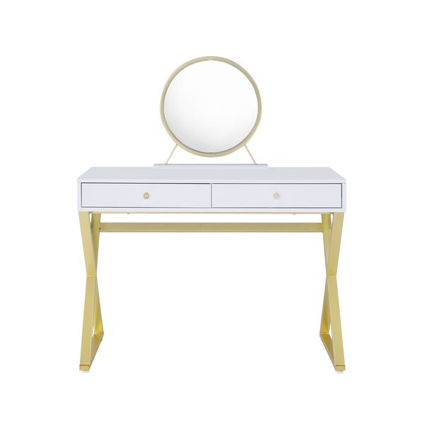 hewett vanity desk w/mirror & jewelry tray, white & gold finish