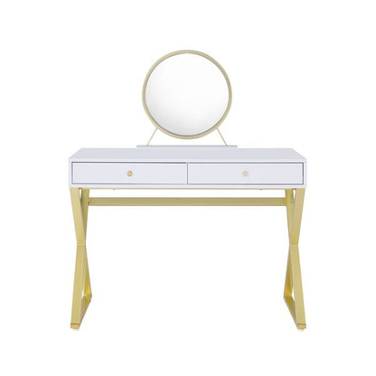 Hewett Vanity Desk W/Mirror & Jewelry Tray, White & Gold Finish