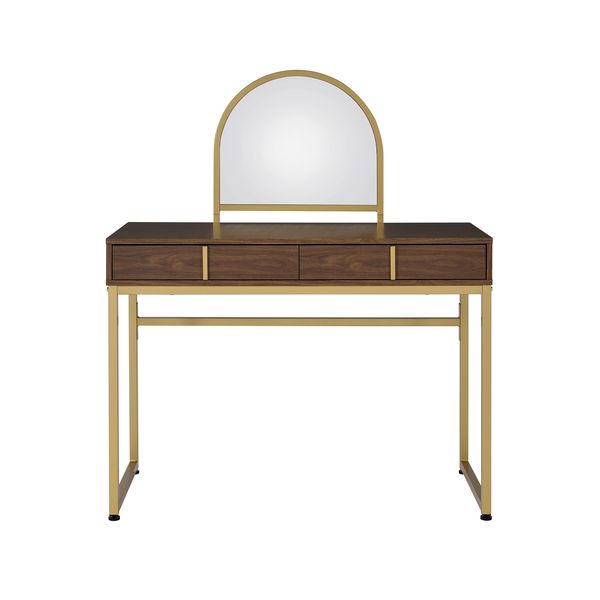 hewett vanity desk w/mirror & jewelry tray, walnut & gold finish