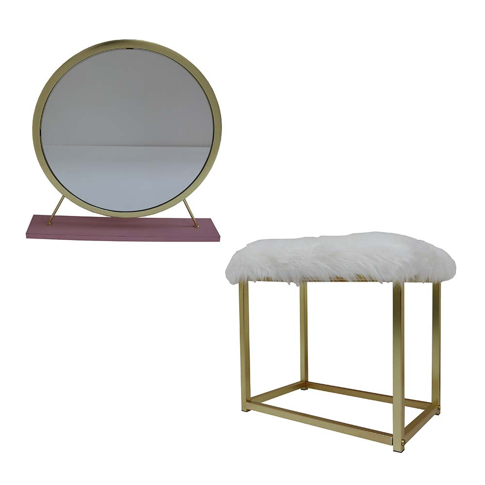 panos vanity mirror & stool, faux fur, mirror, pink & gold finish