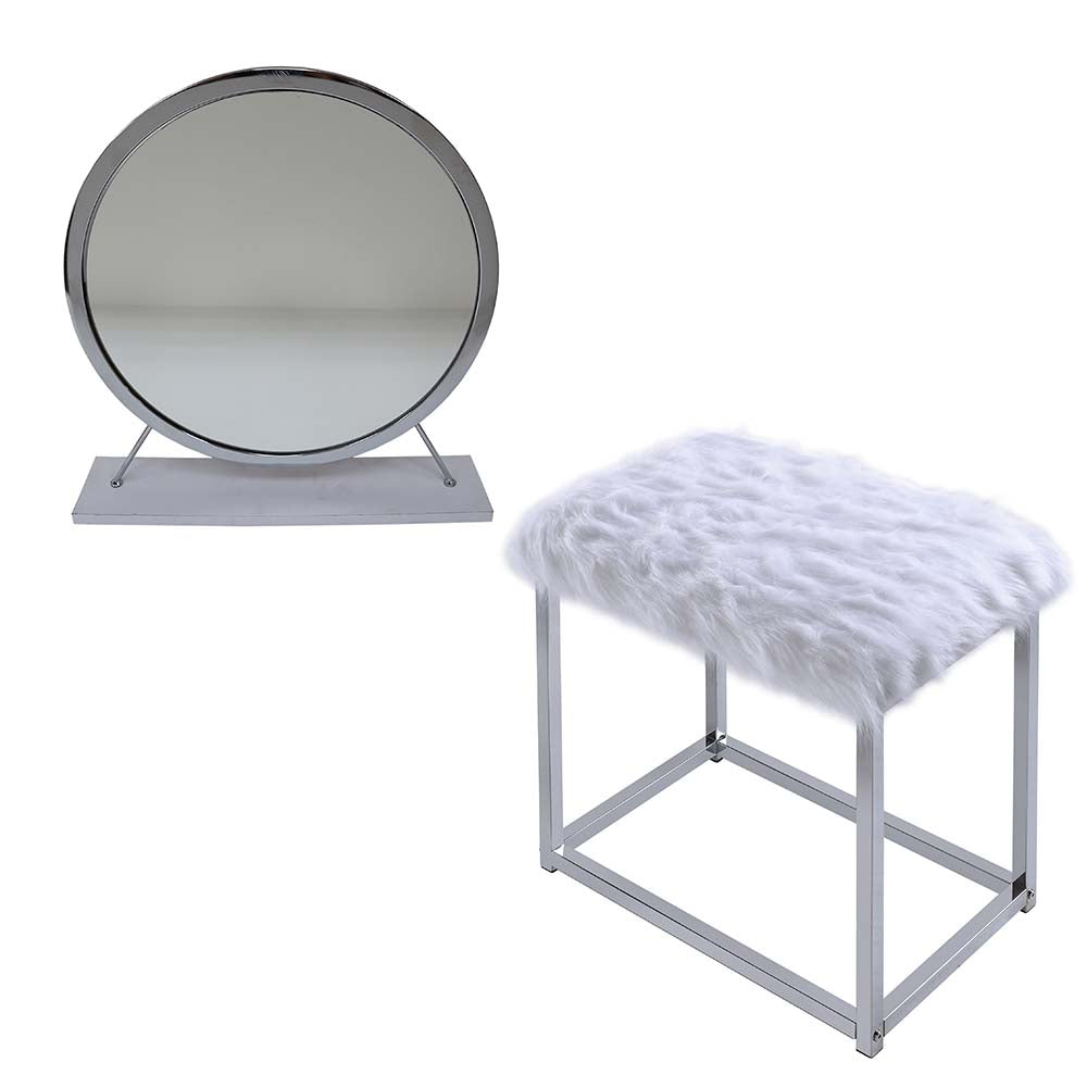 panos vanity mirror & stool, faux fur, mirror, white & chrome finish