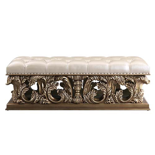 rajni bench, light gold synthetic leather , brown & gold finish