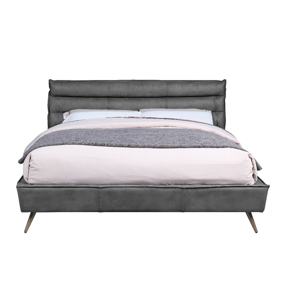 raina queen bed, gray top grain leather