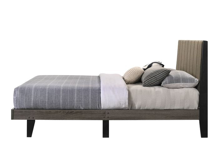 astrid queen bed, brown fabric & weathered gray finish