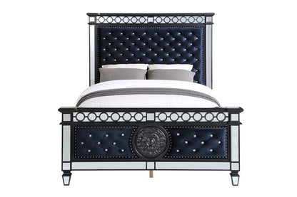 Rania II EK Bed, Mirrored, Dark Navy Blue Velvet & Black & Sliver Finish