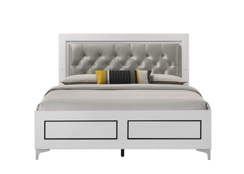 rapunzel queen bed w/led, gray synthetic leather & white finish