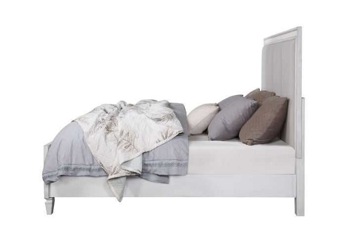 rashard queen bed, light gray linen, rustic gray & weathered white finish