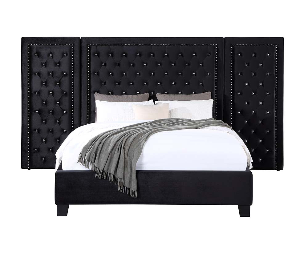 rehan queen bed, black velvet