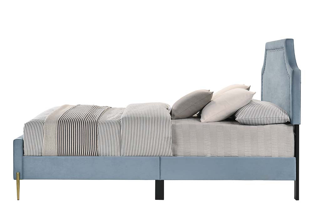 renske queen bed, light blue velvet