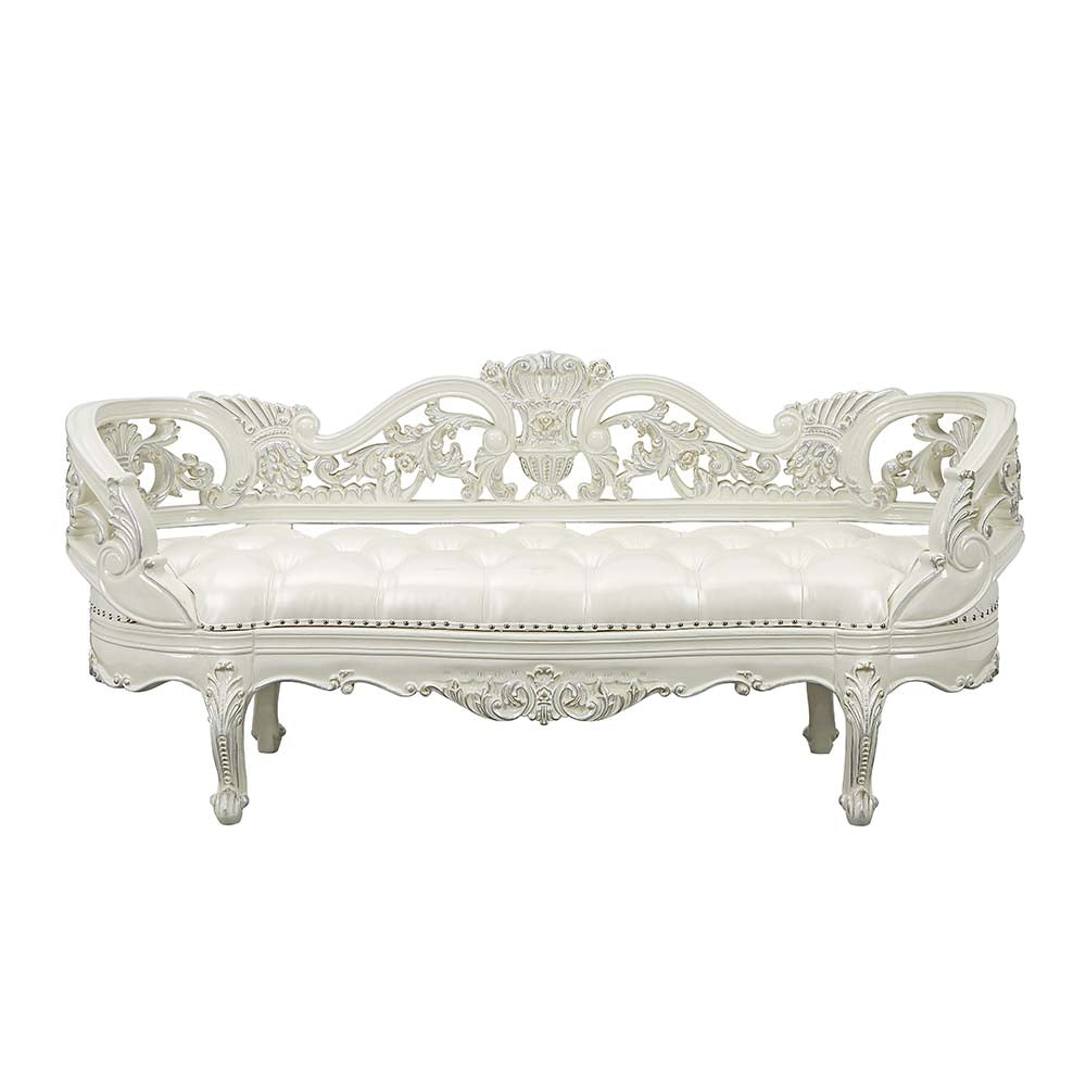 paxley bench, pearl white synthetic leather & antique white finish