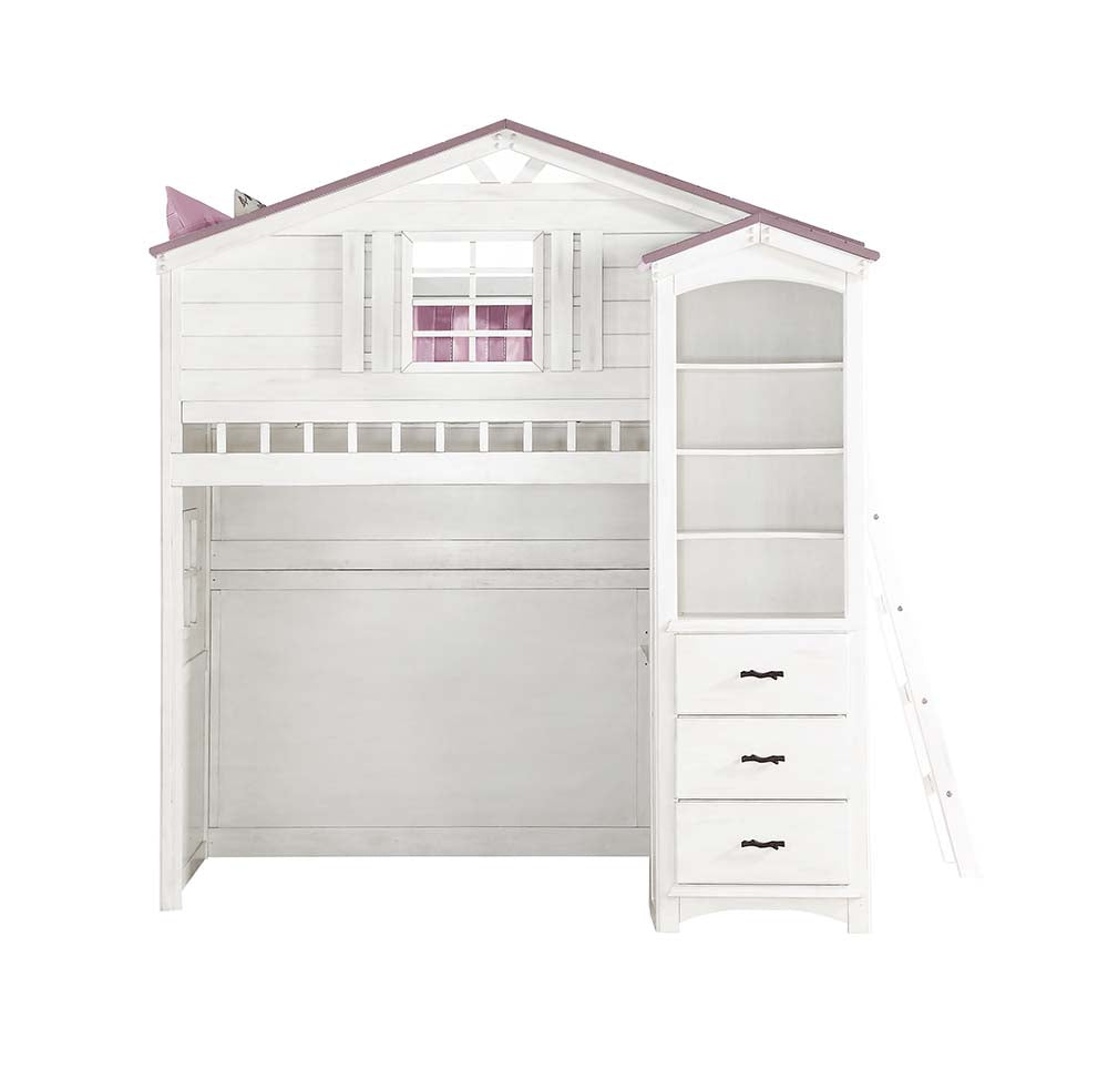 adeliza house twin loft bed, pink & white finish