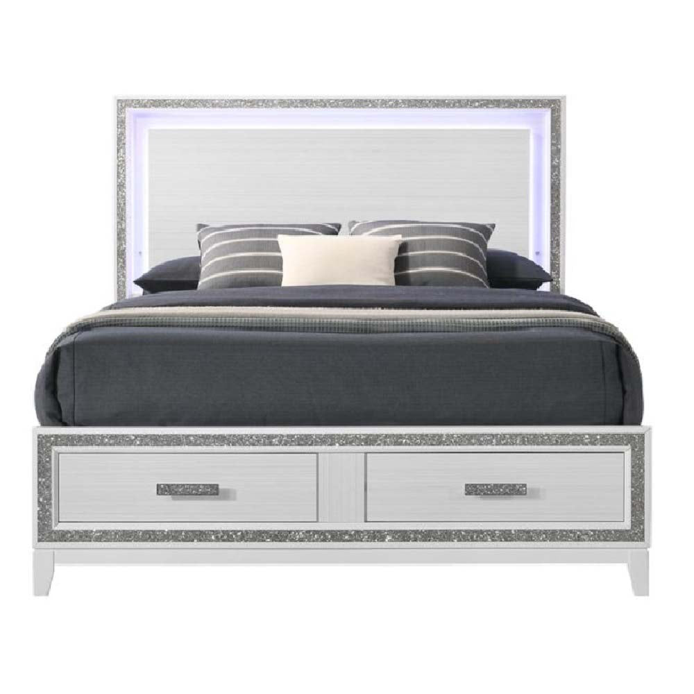 baara queen bed w/led & storage, white finish