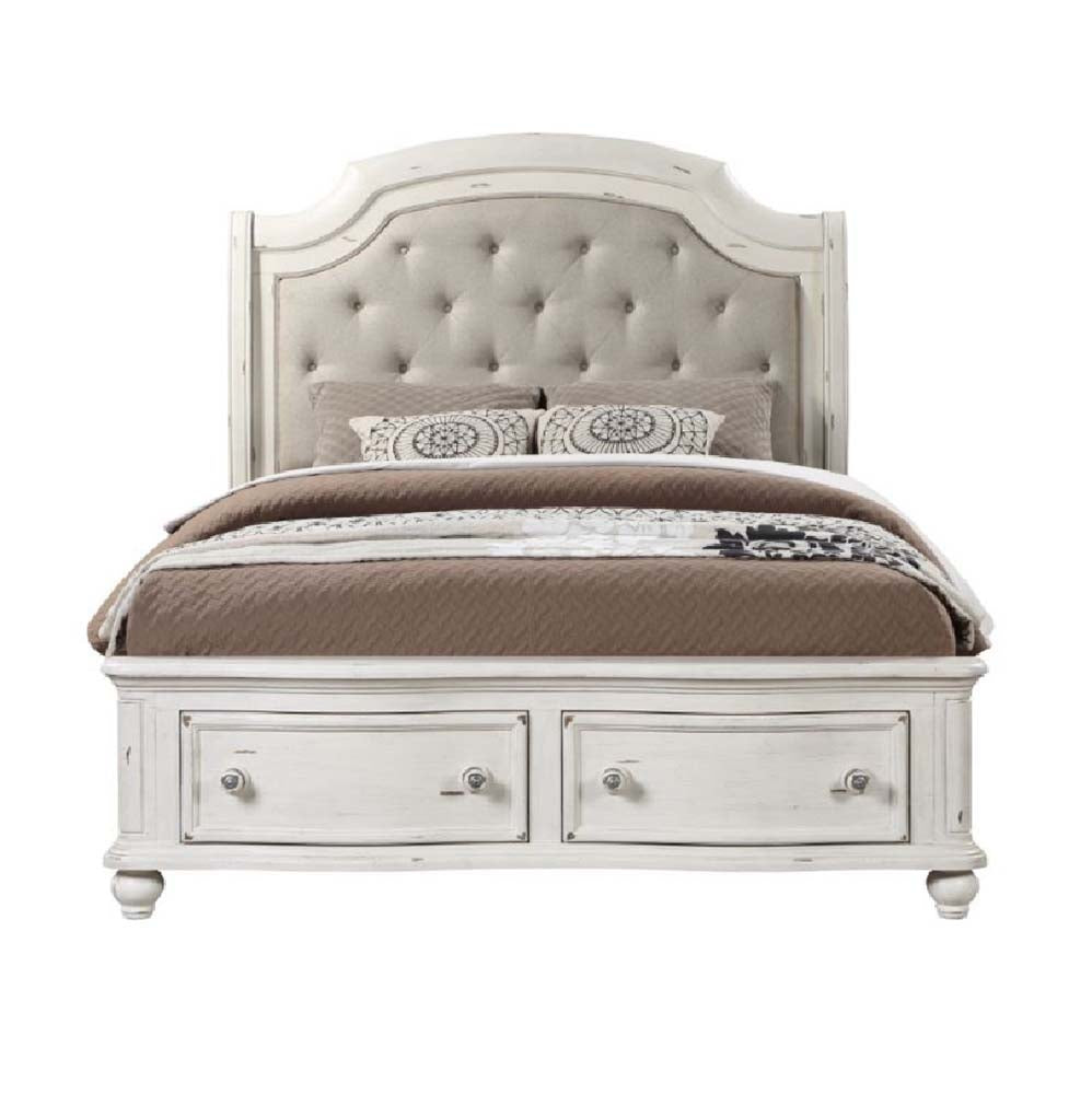 rizgek ek bed w/storage, gray linen & antique white finish