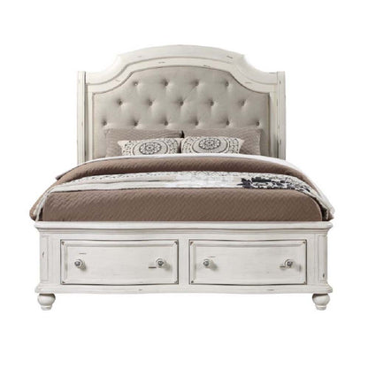 Rizgek EK Bed W/Storage, Gray Linen & Antique White Finish