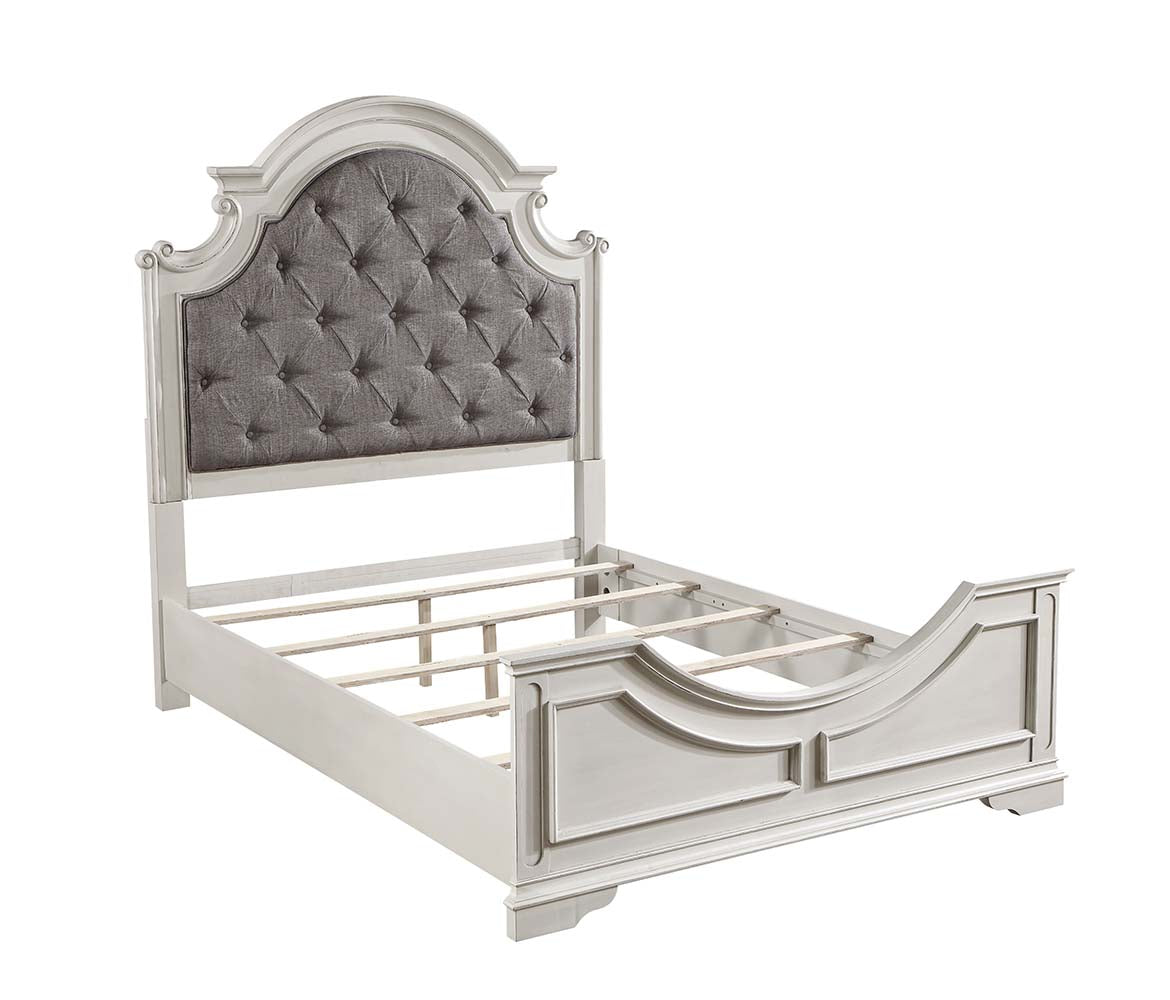 babs queen bed, gray fabric & antique white finish