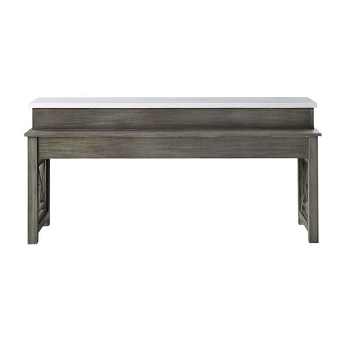saul 4pc pack counter height table set w/usb, beige fabric, marble top & weathered gray finish