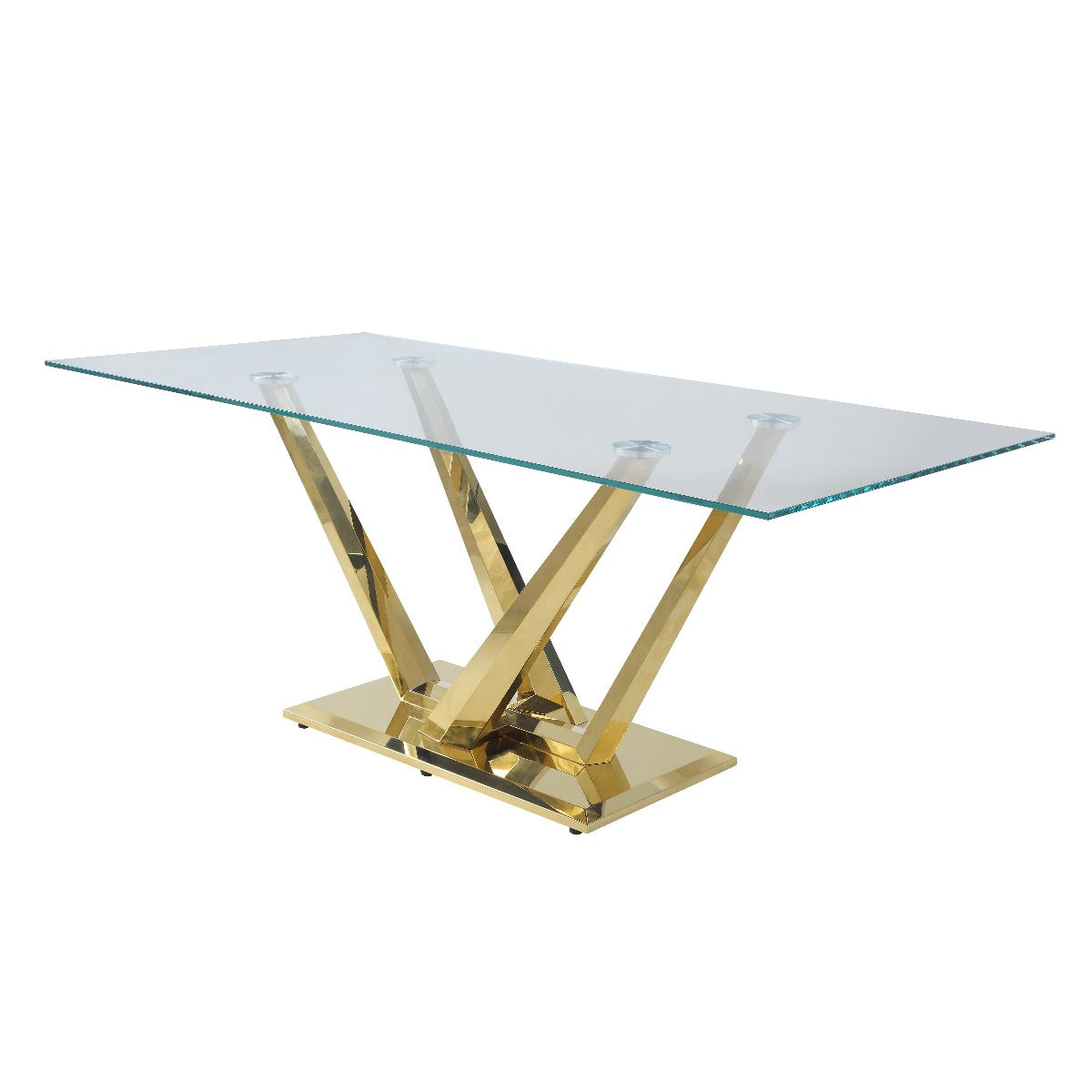 savilla dining table, clear glass & mirrored gold finish