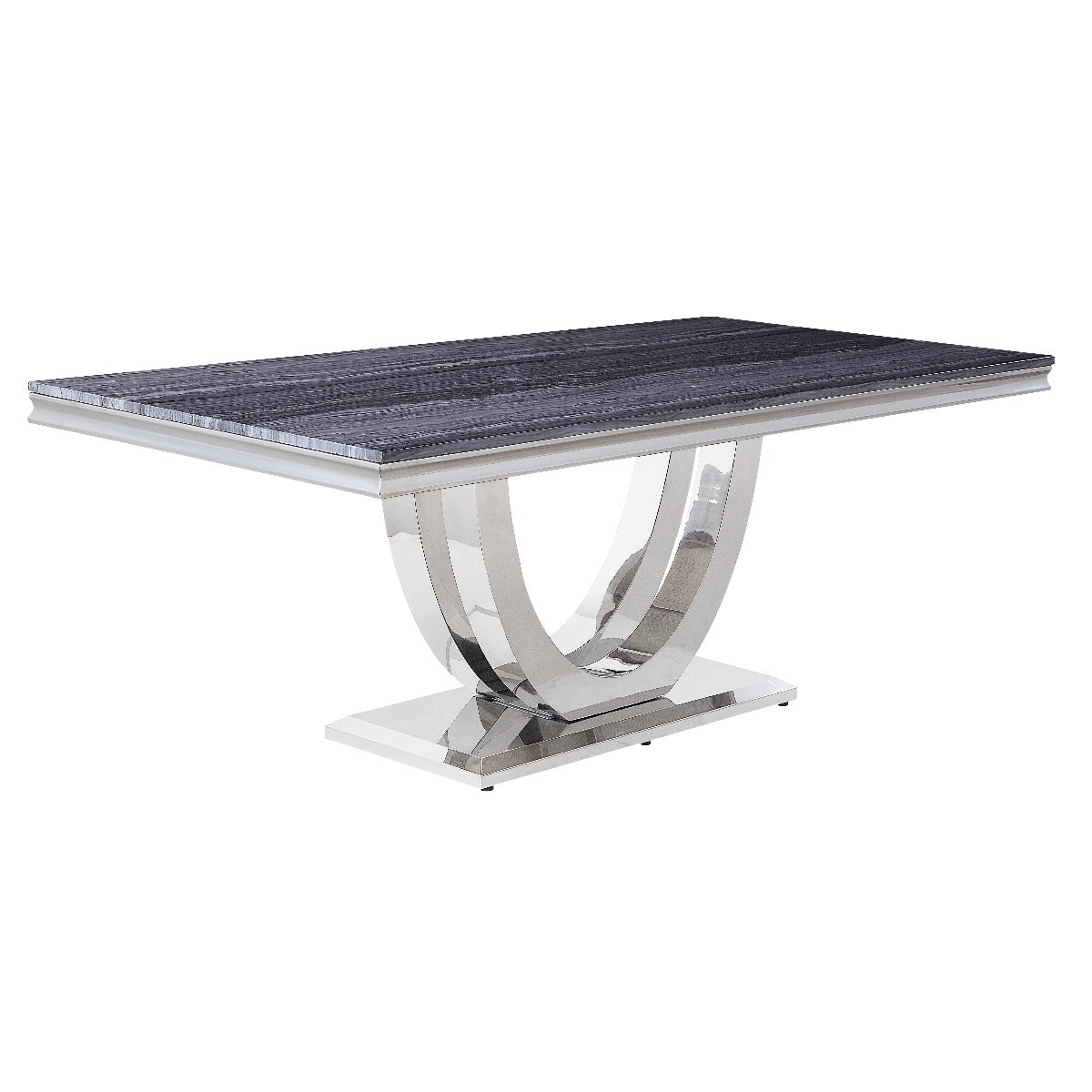 sawyer dining table w/marble top, faux marble top & mirrored silver finish