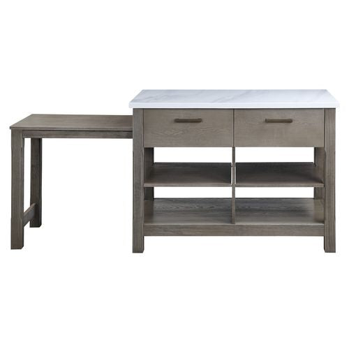 seatlas kitchen island w/pull out table, marble top & rustic oak finish