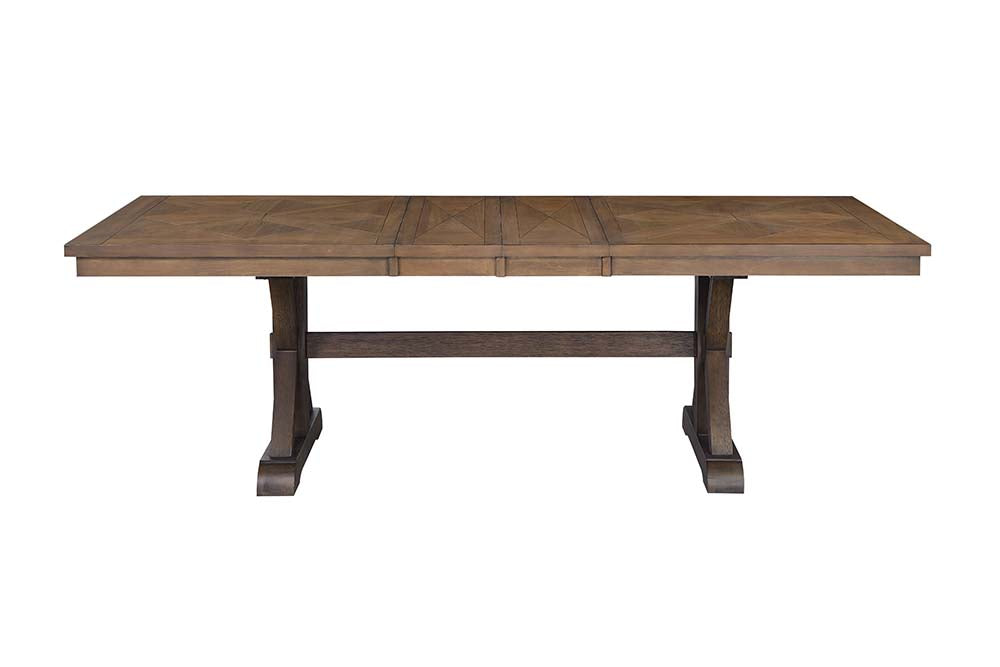 senon dining table, gray fabric, rustic brown & oak finish