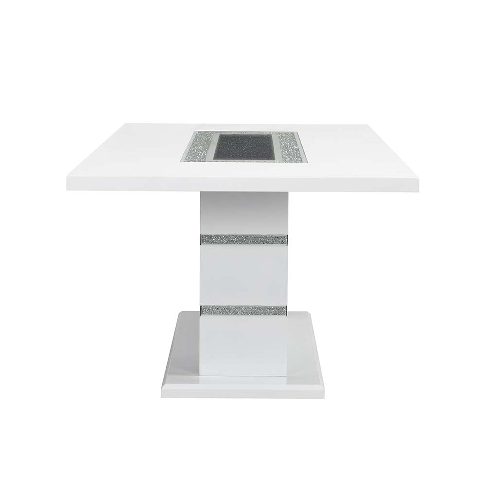 settea dining table w/pedestal base, faux crystal diamonds & white high gloss finish