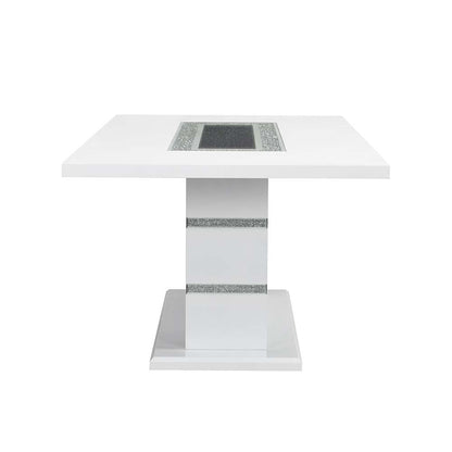 Settea Dining Table W/Pedestal Base, Faux Crystal Diamonds & White High Gloss Finish