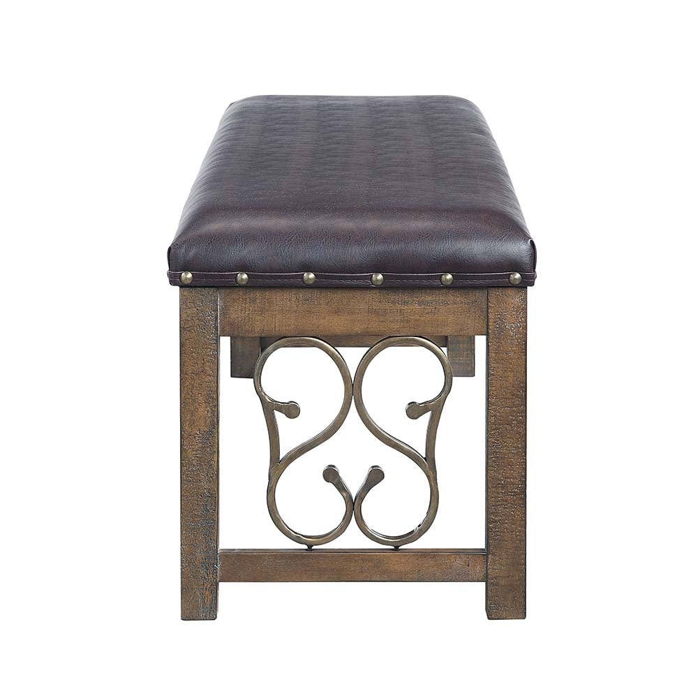 seville bench, black synthetic leather & weathered cherry finish