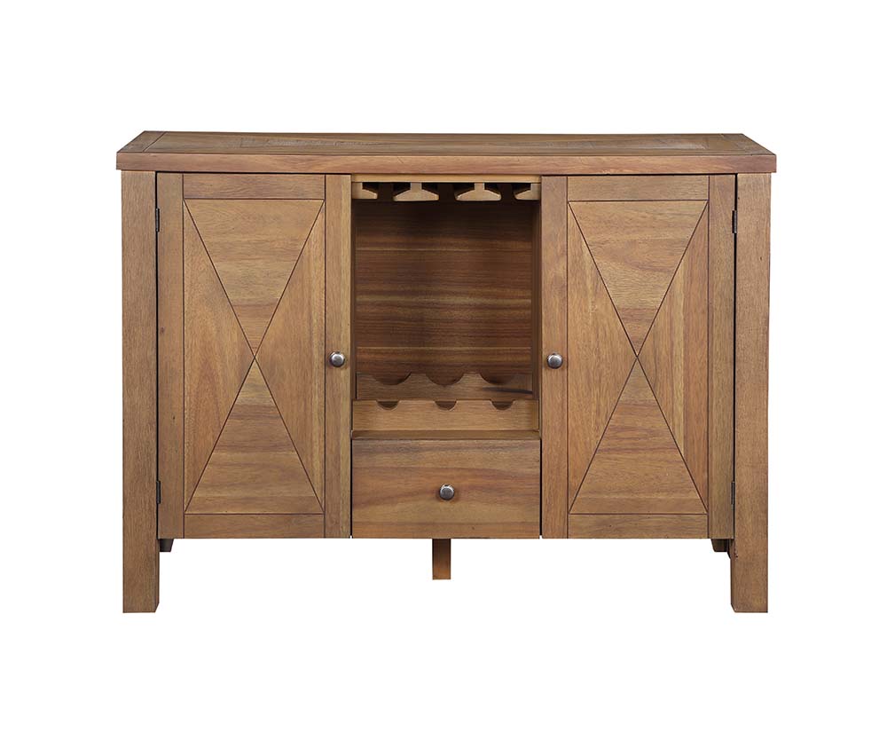 senon server, gray fabric, rustic brown & oak finish