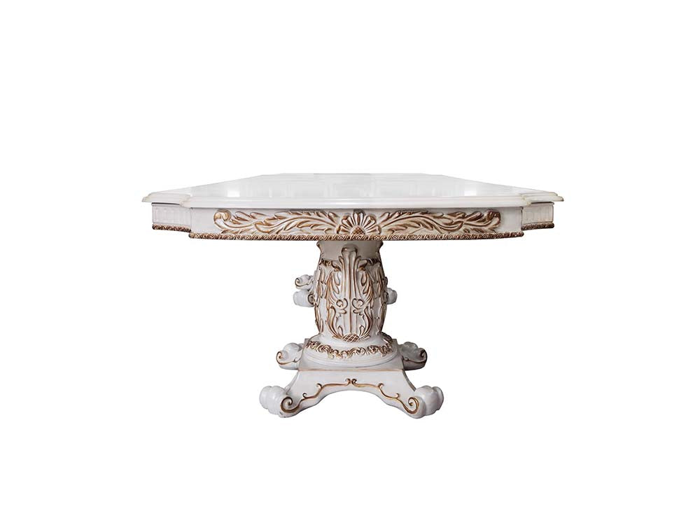 altmar dining table w/pedestal base, antique pearl finish