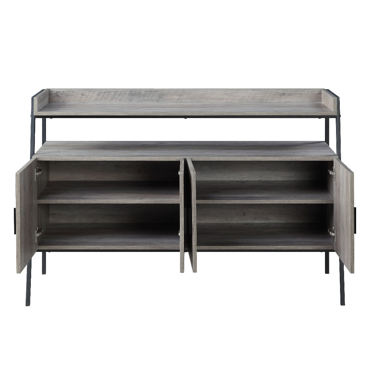 tanitha tv stand, gray oak & black finish