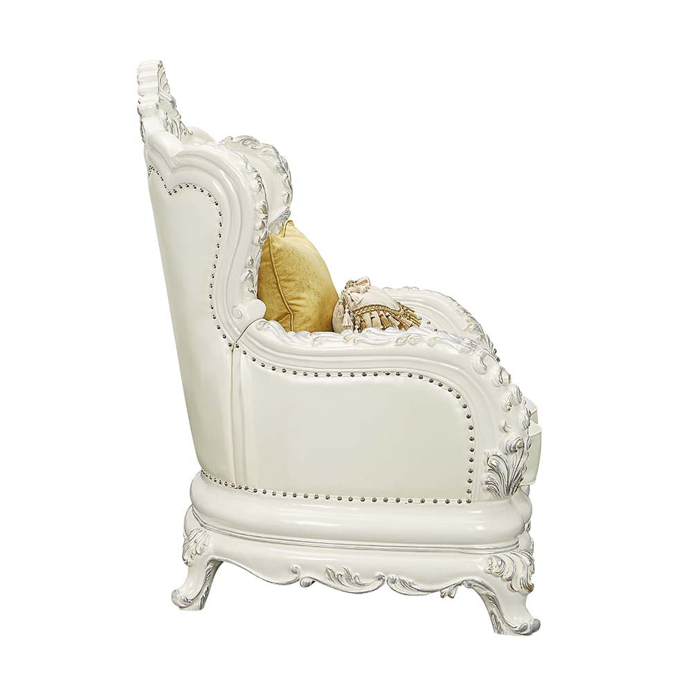 paxley chair w/2 pillows, pearl white synthetic leather & antique white finish