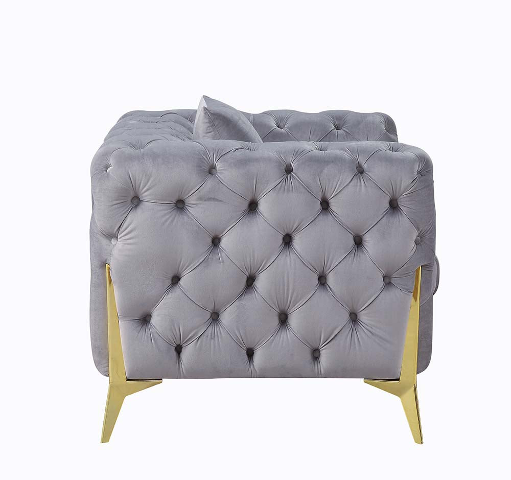 vernon sofa w/2 pillows, gray velvet & gold finish