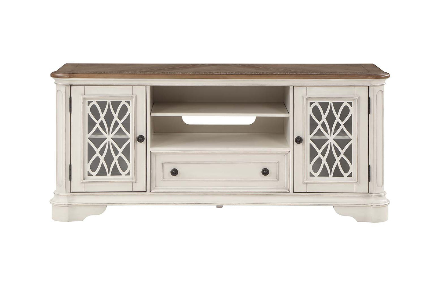 babs tv stand, oak & antique white finish