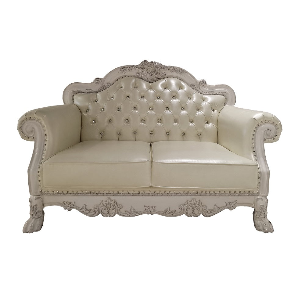 aditya loveseat w/3 pillows, synthetic leather & bone white finish