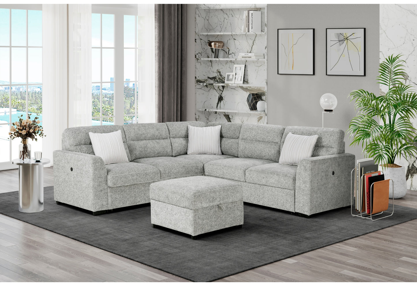 claire nickel sectional with 3 pillows and ottoman