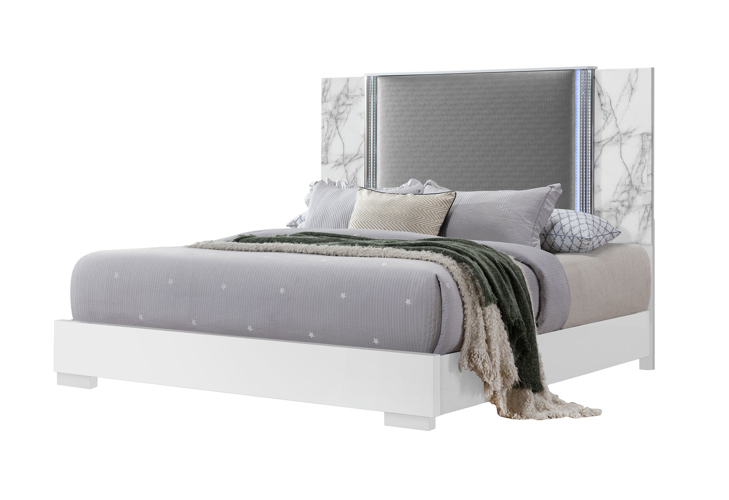 abigail white marble fully slatted king bed fully slatted with led