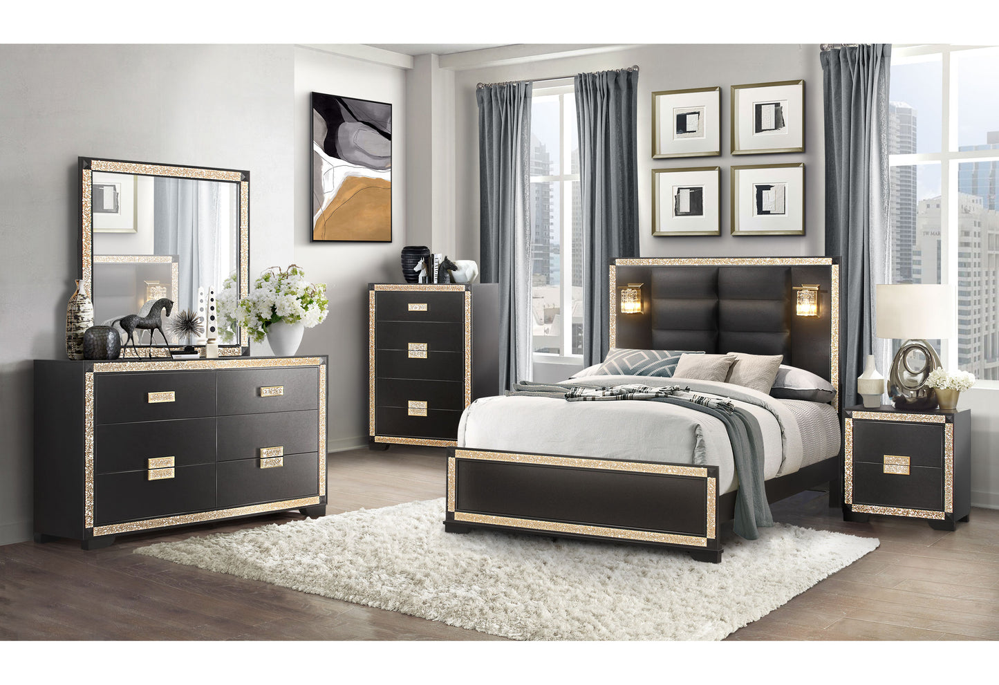 jordan black / gold king bed with lamps