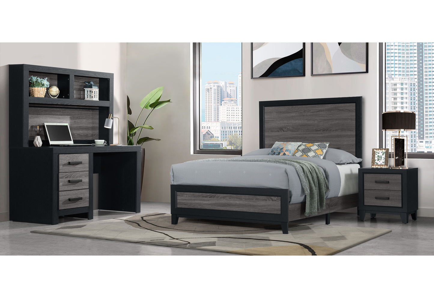 anthony grey/black youth twin bed, dresser, mirror and nightstand
